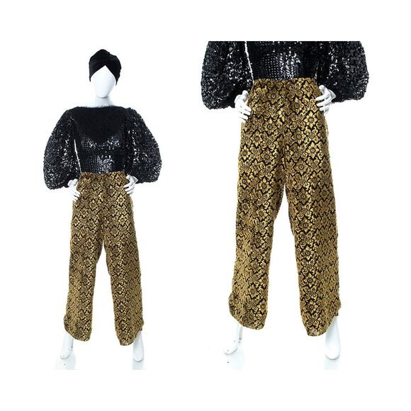 Vintage 2000s Pants Y2K Burnout Velvet Floral Gold High Waist Wide Leg Trousers